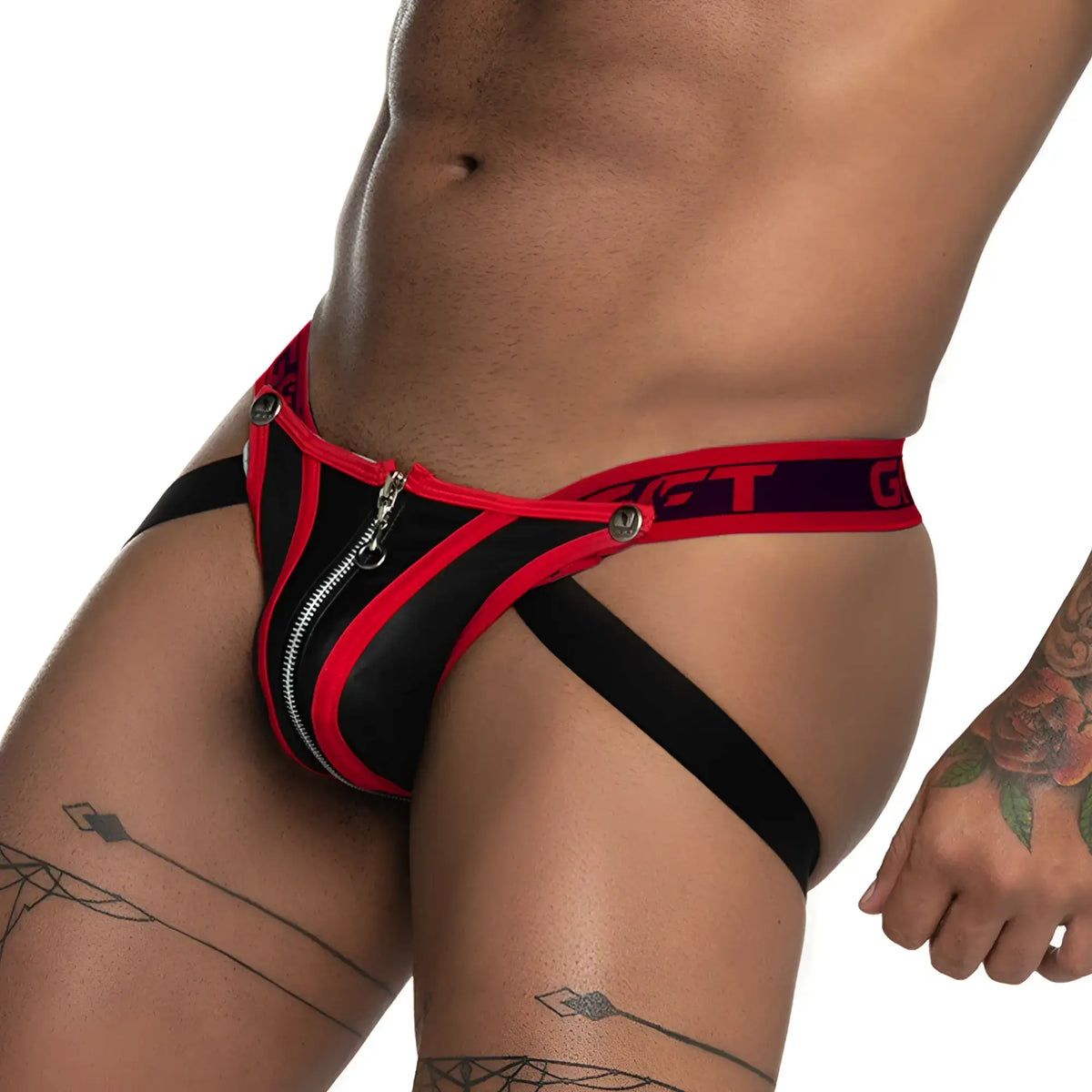 Black and red striped gigo fetiche red zipper jockstrap with silver zipper down the center front