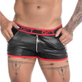 Black patent leather Gigo Fetiche red zipper shorts with red trim and get brand logo on the waistband