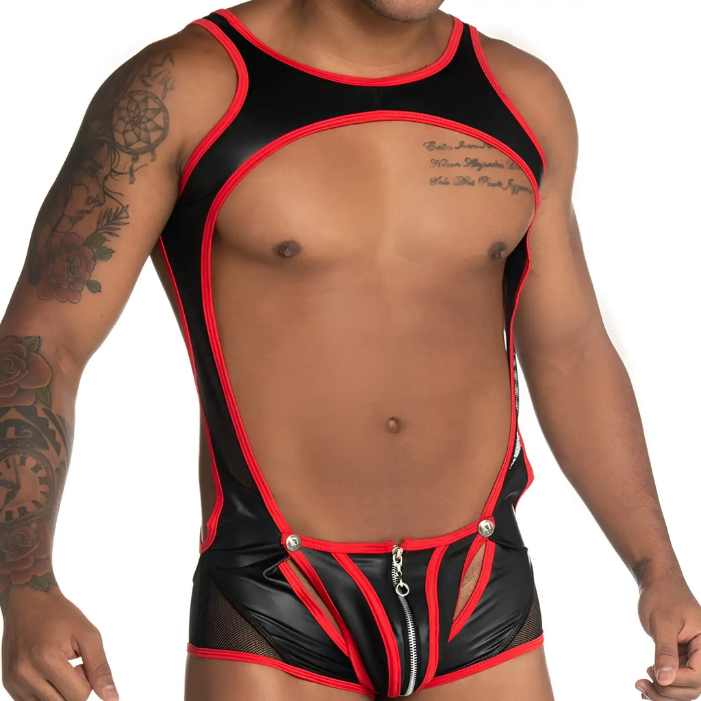 Gigo Fetiche red zipper singlet in black and red latex with mesh panels and silver zipper detail