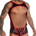 Gigo Fetiche red zipper singlet in black and red latex with mesh panels and silver zipper detail