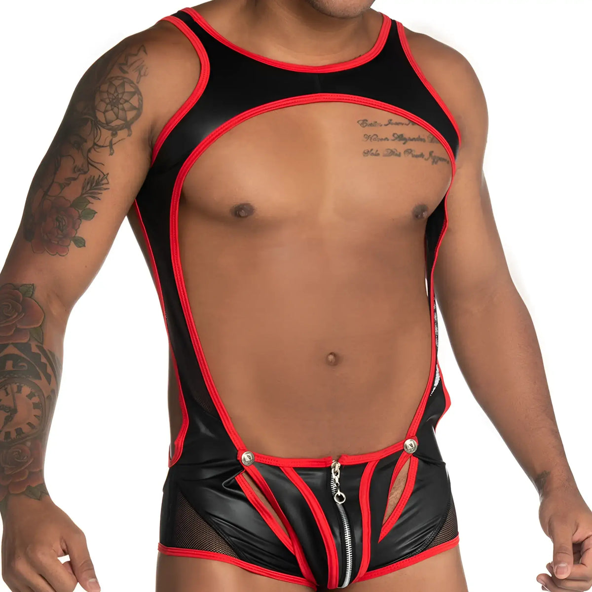 Gigo Fetiche red zipper singlet in black and red latex with mesh panels and silver zipper detail