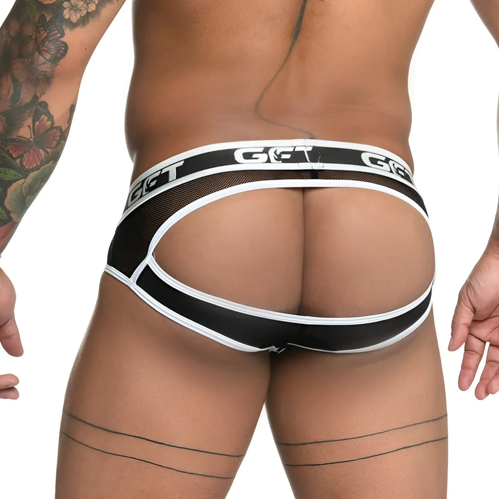 Black and white mesh briefs with bold get logo on waistband from gigo fetiche white brief jockstrap collection