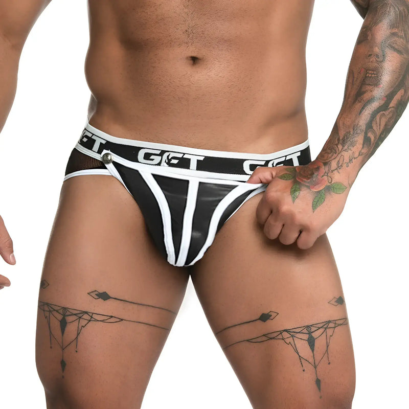 Black and white striped latex briefs with mesh back panel shown from the back in gigo fetiche white brief jockstrap