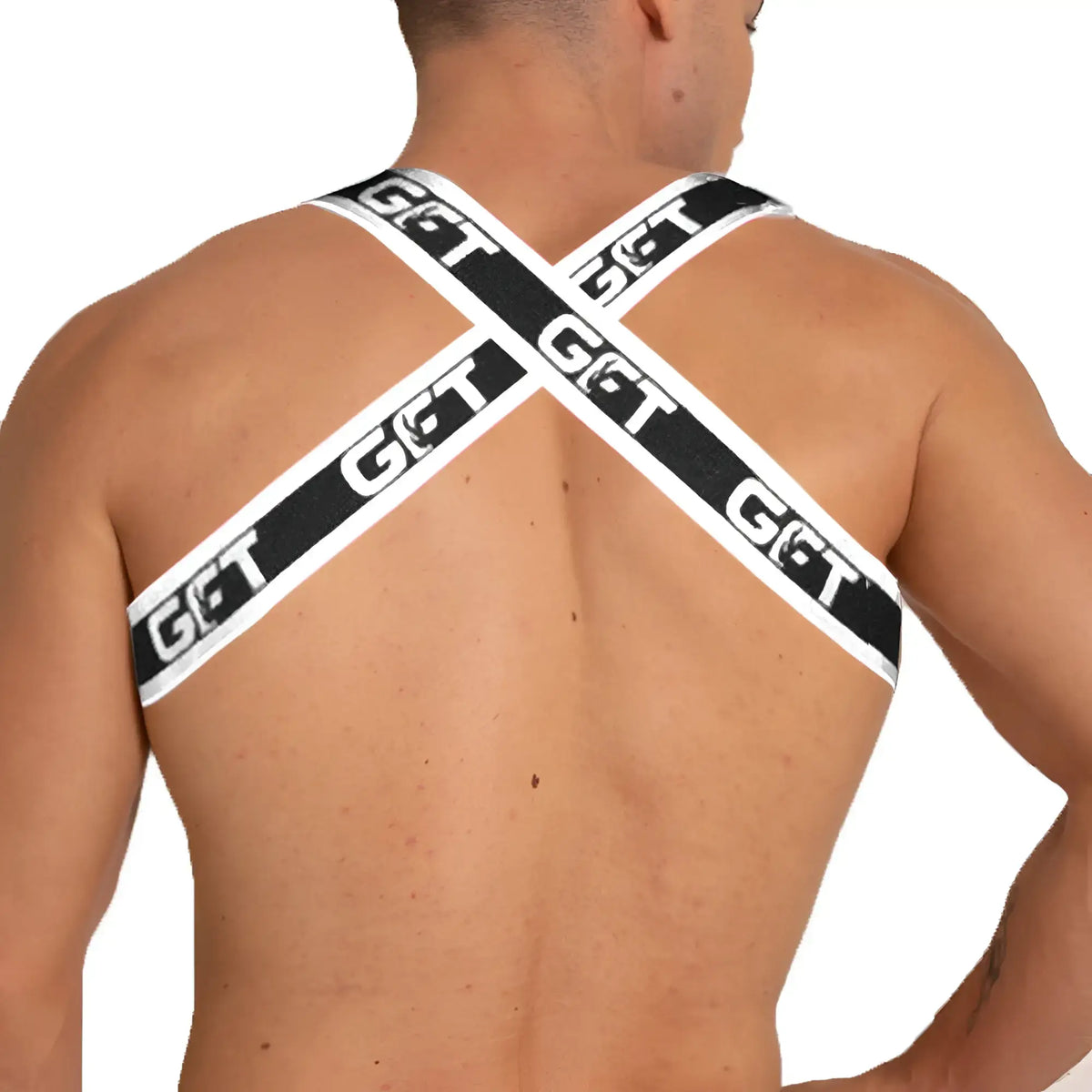 Black and white cross-back strap underwear with get branding shown from the back in gigo fetiche white harness style