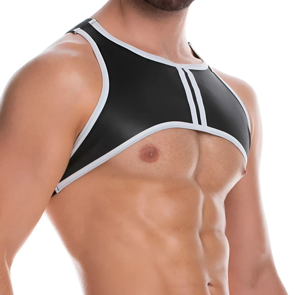 Black and white faux leather harness top with sleek modern design from gigo fetiche white harness collection