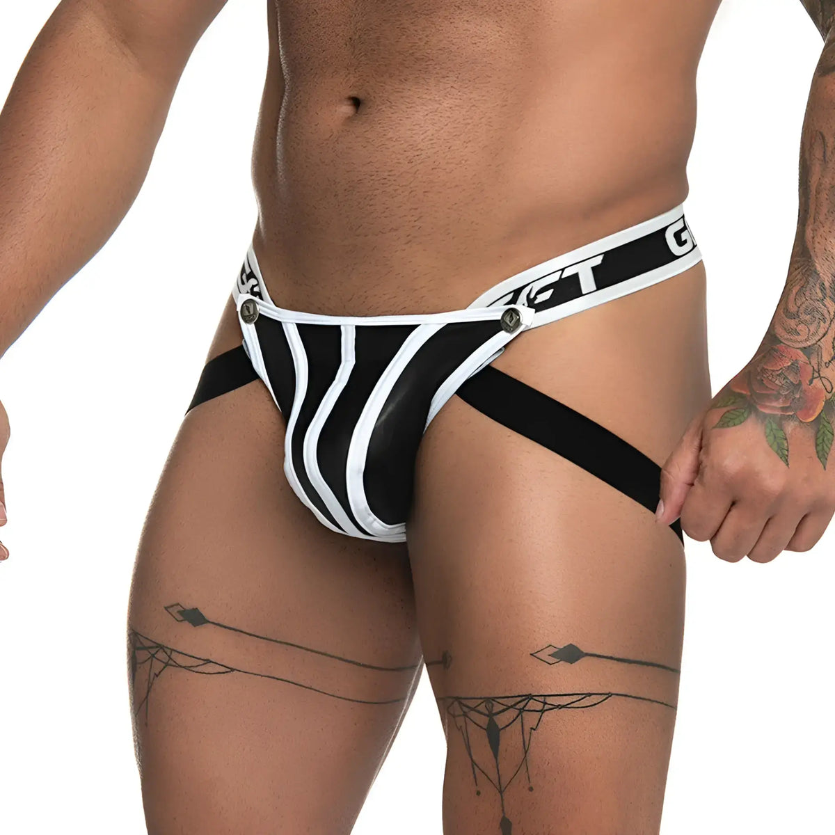 Black and white striped latex briefs with bold modern design in gigo fetiche white jockstrap product