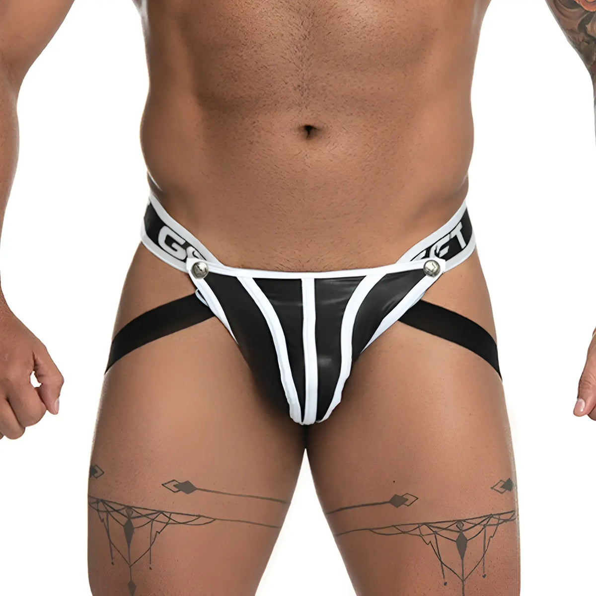 Black and white striped latex thong with silver-toned metal clasps from gigo fetiche white jockstrap collection