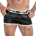 Black patent leather shorts with white trim and get logo waistband from gigo fetiche white short collection