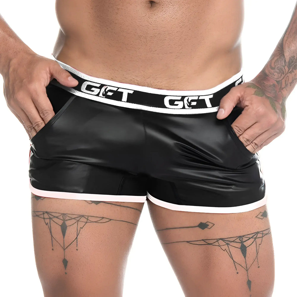 Black patent leather shorts with white trim and get logo waistband from gigo fetiche white short collection