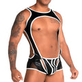 Black and white latex wrestling singlet with cutout design by Gigo Fetiche shown from the back side