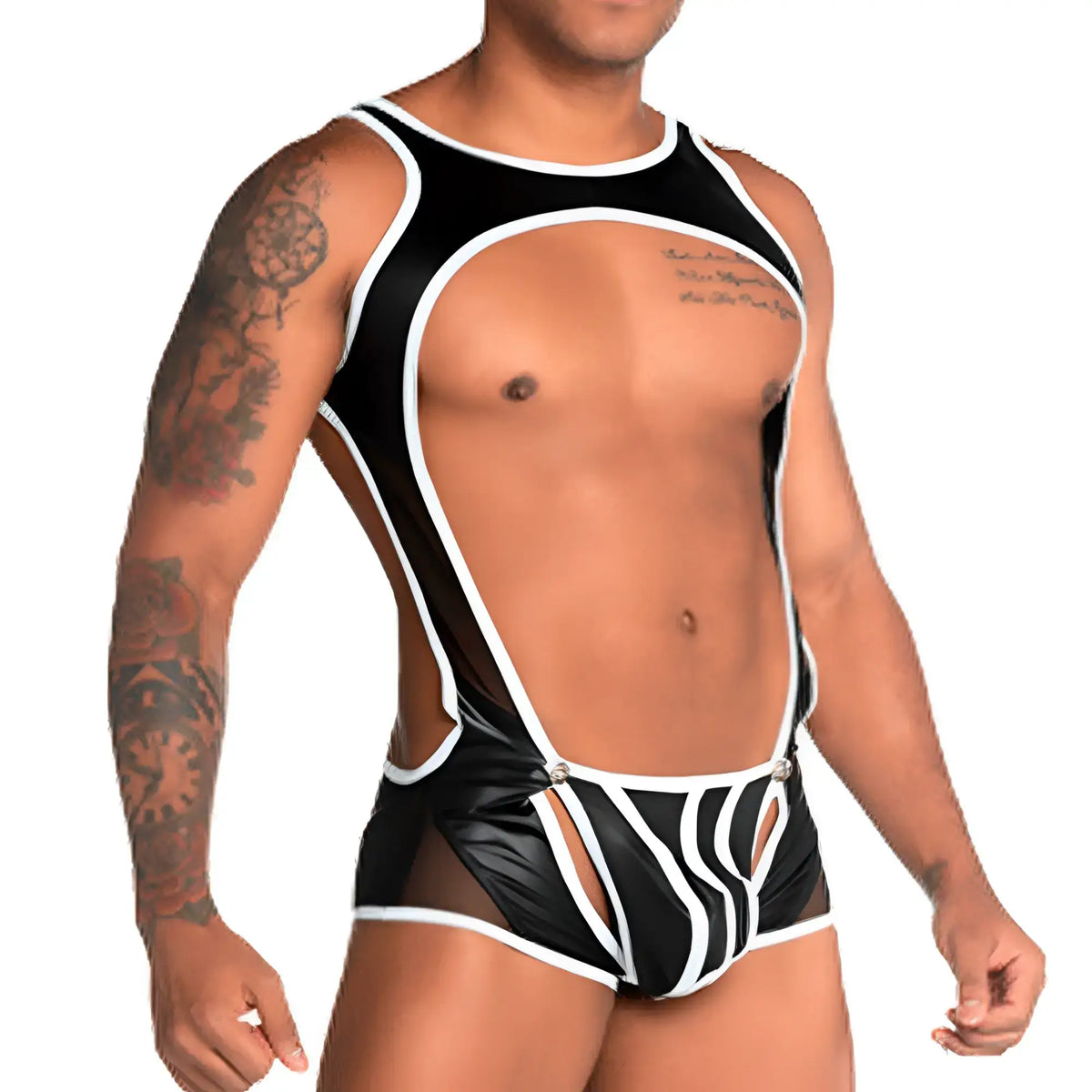 Black and white latex wrestling singlet with cutout design by Gigo Fetiche shown from the back side
