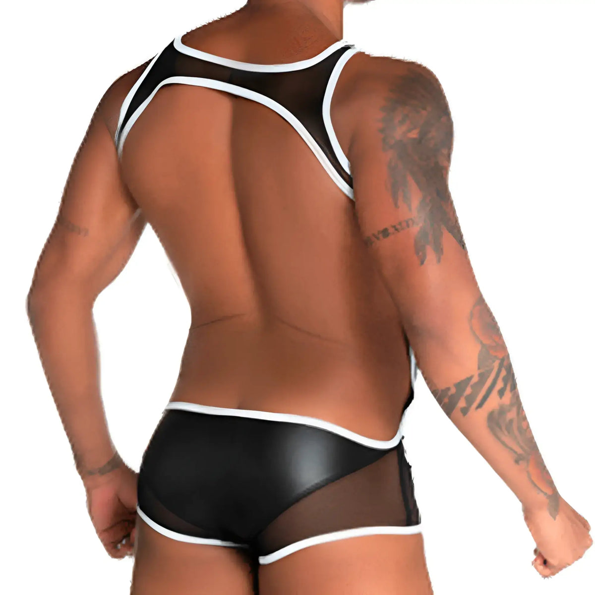 Black and white mesh athletic briefs with a shiny faux-leather waistband in the gigo fetiche white singlet collection
