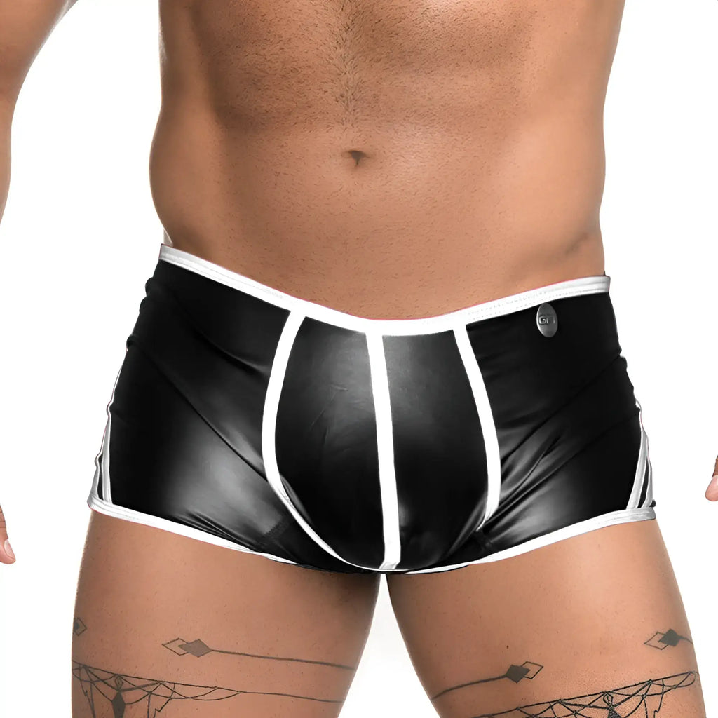 Black patent leather briefs with white trim and silver button from gigo fetiche white trunk collection