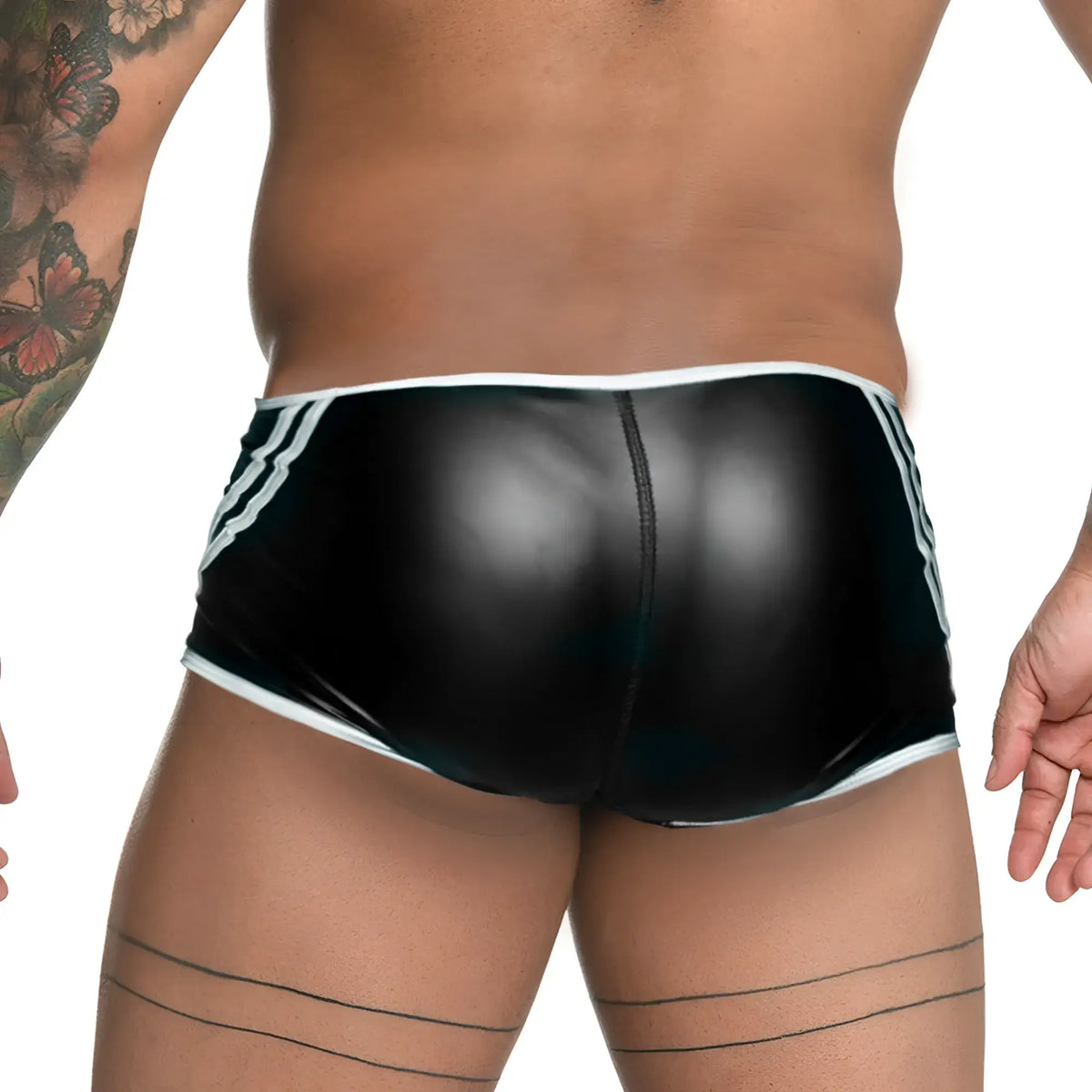 Black shiny faux leather briefs with white trim and side stripes from gigo fetiche white trunk collection