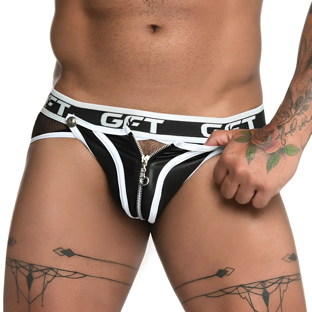 Black and white zipper front briefs with mesh panel and get logo on waistband from gigo fetiche collection