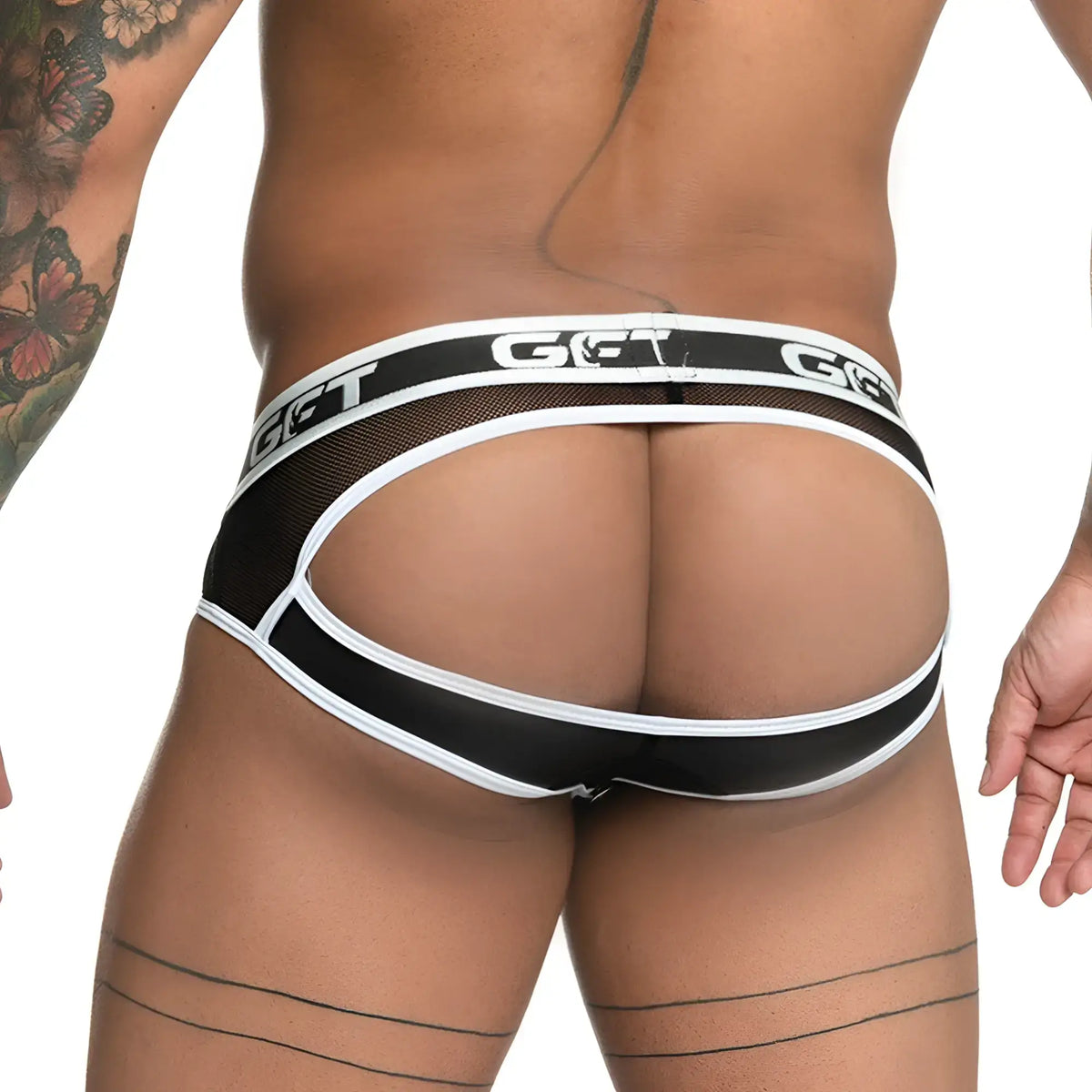Black and white mesh gigo fetiche zipper brief jockstrap with bold get logo waistband
