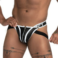 Black and white striped zipper front briefs with silver metal zipper pull from gigo fetiche white zipper jockstrap
