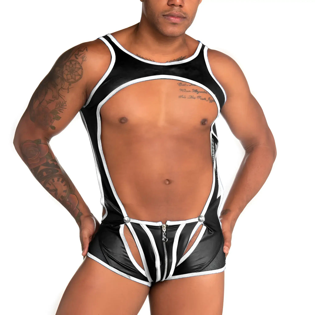 Black and white latex bodysuit with zipper front cut-out design and mesh panels from gigo fetiche white zipper singlet