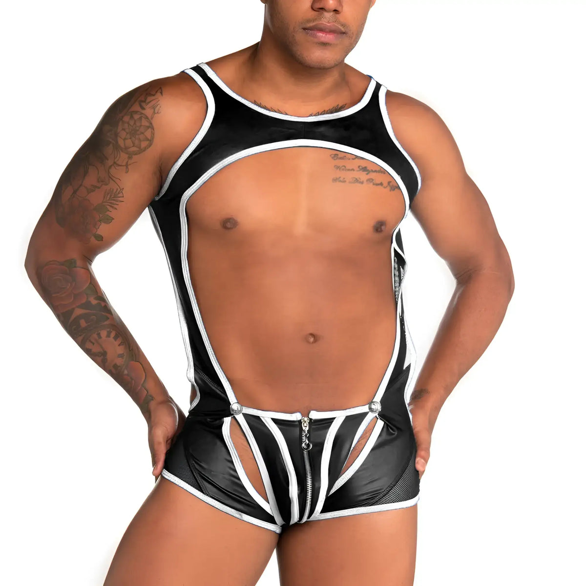 Black and white latex bodysuit with zipper front cut-out design and mesh panels from gigo fetiche white zipper singlet
