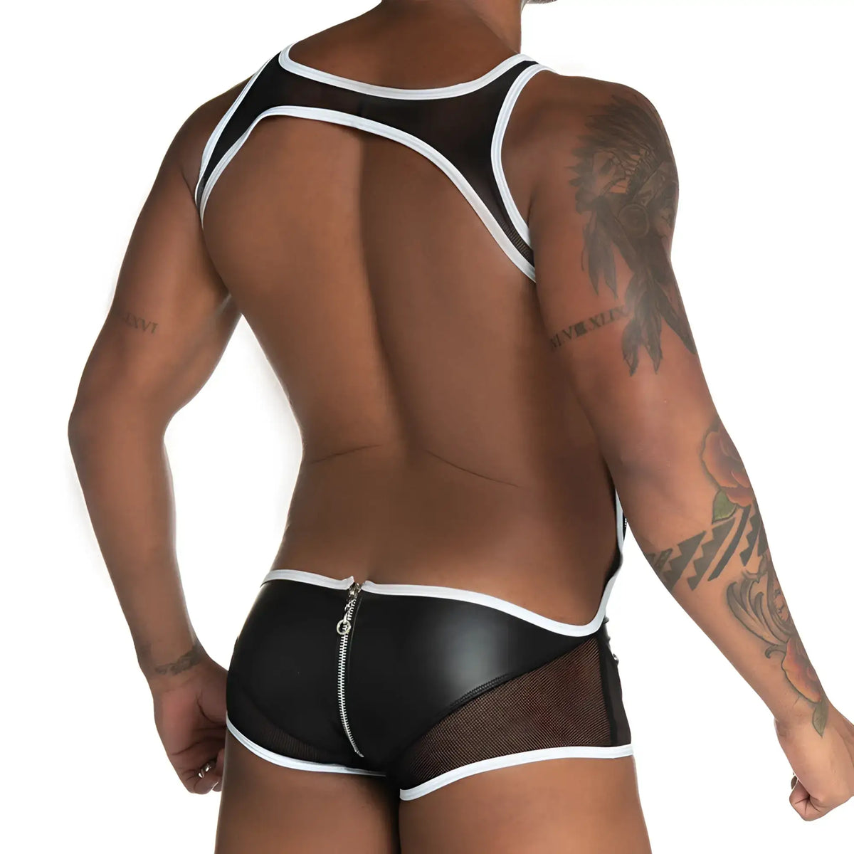 Back view of gigo fetiche white zipper singlet black and white mesh and faux leather bodysuit with central zipper