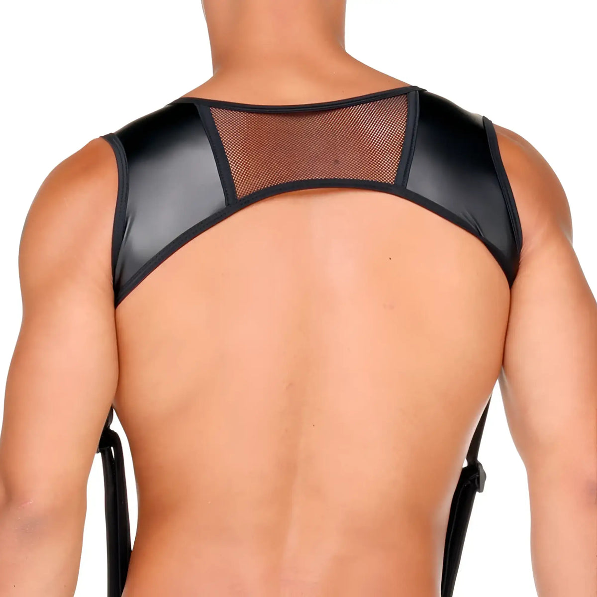 Black faux leather and mesh backless top with adjustable straps shown from the back in gigo fetish black harness style