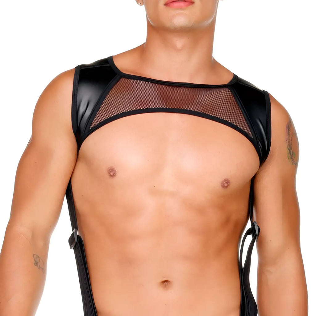 Black mesh and faux leather harness top with adjustable straps from Gigo Fetish for edgy fashion looks