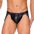 Black faux leather briefs with dark gray elastic waistband featuring gift branding in gigo fetish black jockstrap