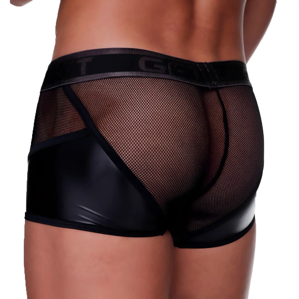 Black mesh briefs with patent leather panel and elastic waistband with embossed lettering from gigo fetish black trunk