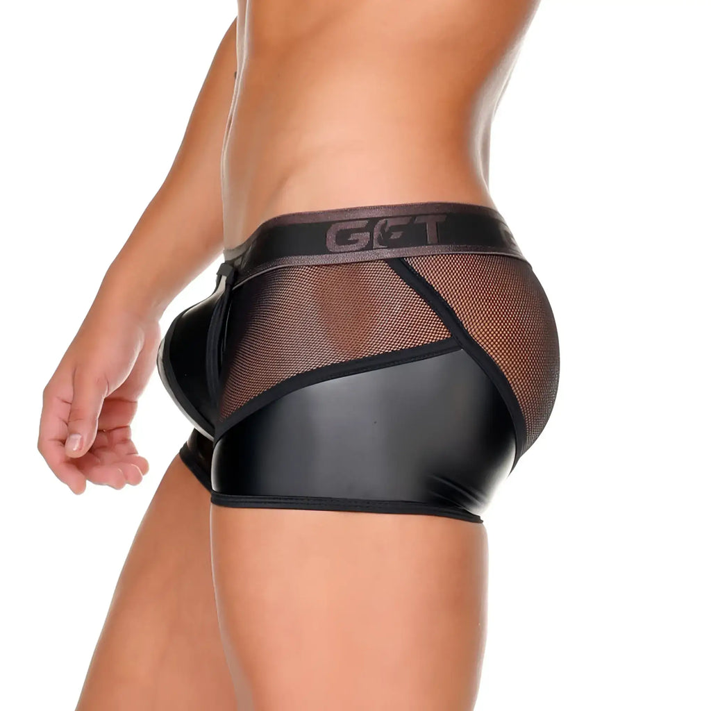 Black patent leather and mesh briefs with get branded waistband from gigo fetish black trunk collection