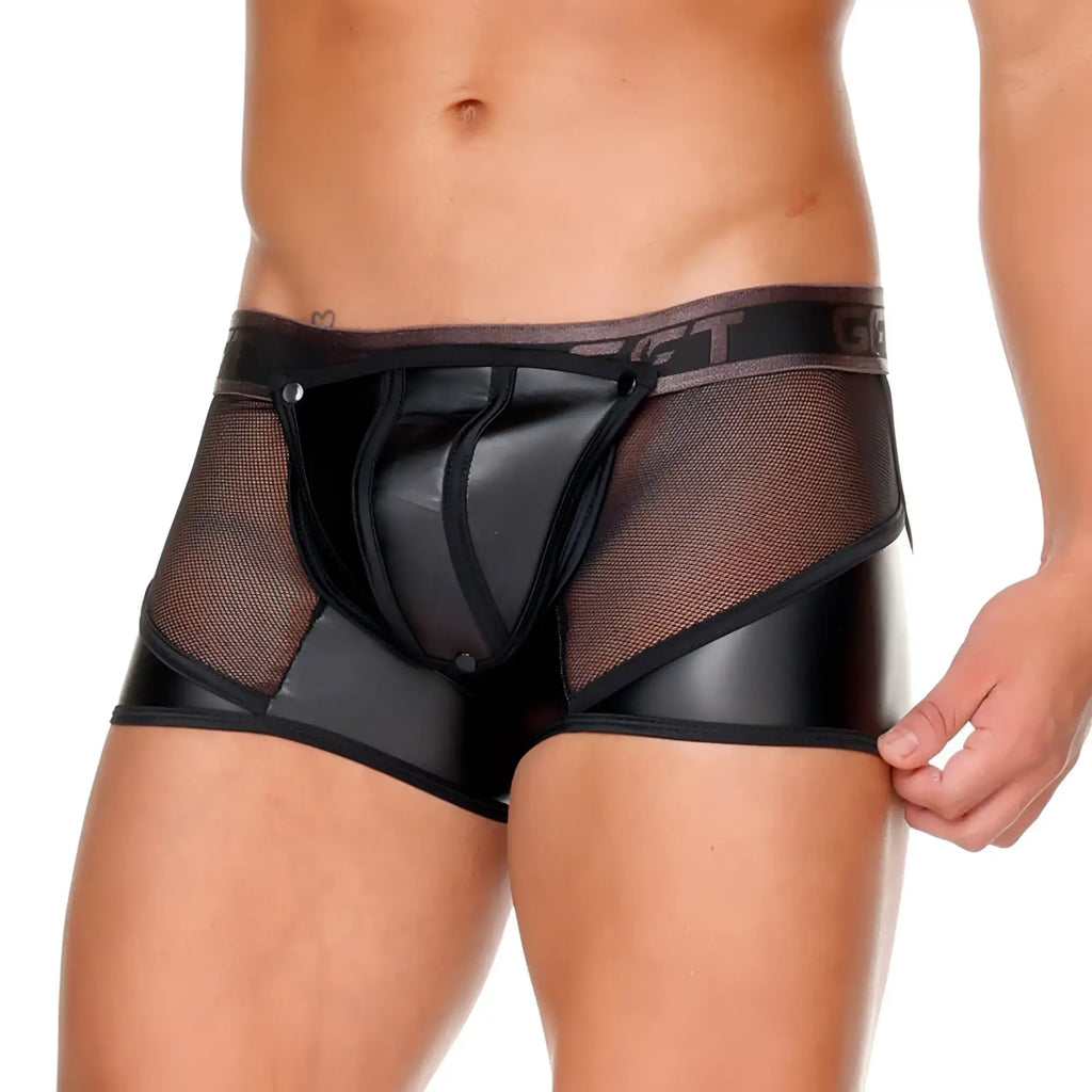 Black patent leather and mesh boxer briefs with sleek modern design in gigo fetish black trunk product
