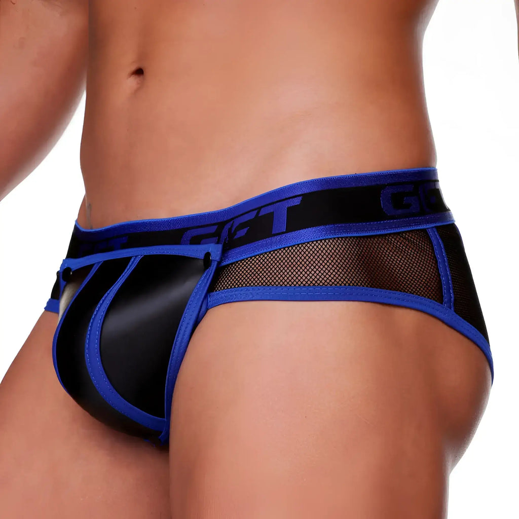 Blue and black mesh briefs with satin finish from gigo fetish blue brief collection shown from front side