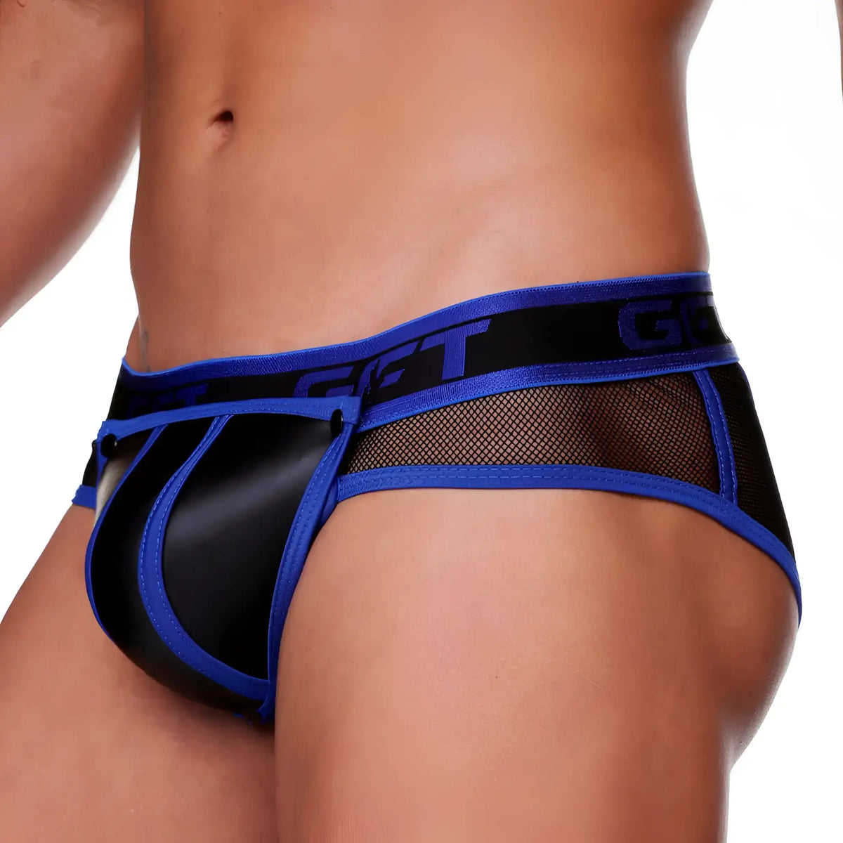Blue and black mesh briefs with satin finish from gigo fetish blue brief collection shown from front side