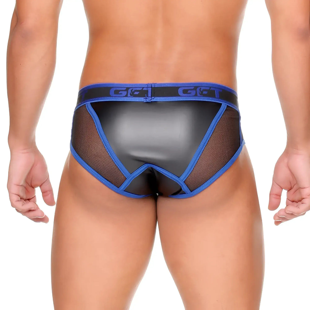 Black and blue mesh briefs with shiny faux leather panel and bold get branding on the waistband by gigo fetish blue brief