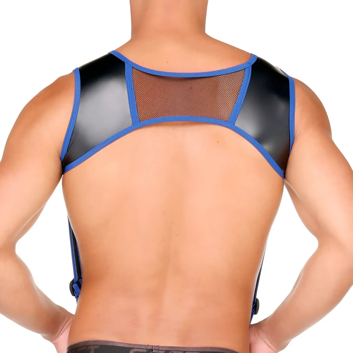 Black and blue faux leather shoulder harness with mesh panel for fetish wear shown from the back side