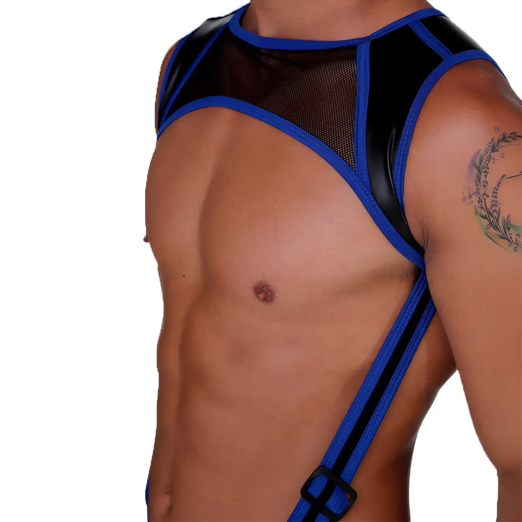 Gigo fetish blue harness featuring blue and black mesh with adjustable straps for customizable fit
