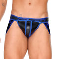 Blue and black leather-trimmed briefs with a bold modern design from gigo fetish blue jockstrap collection