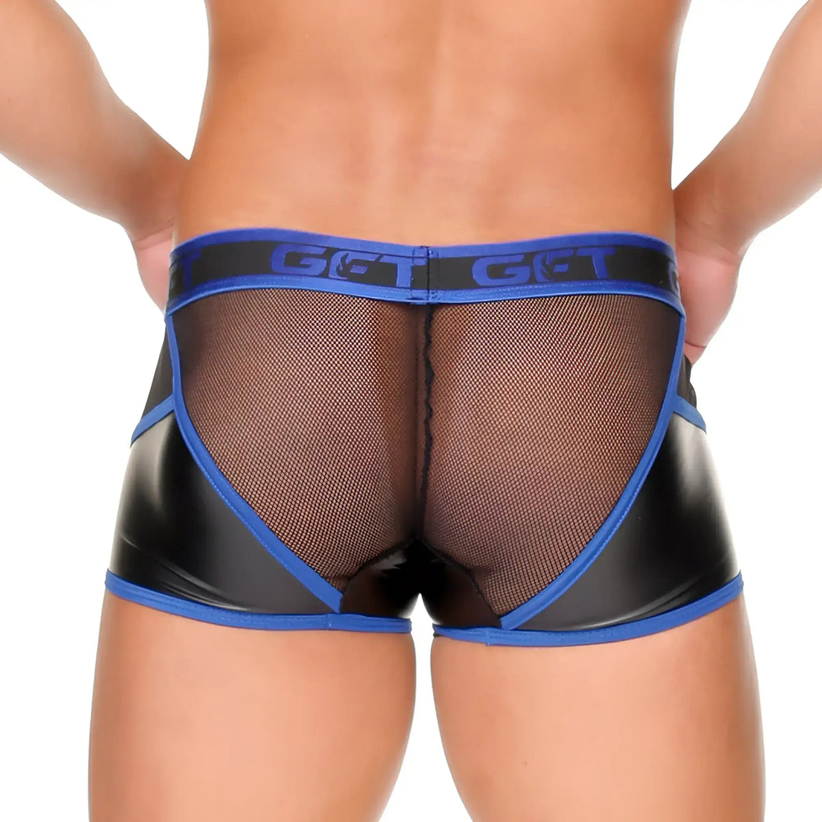 Gigo fetish blue trunk black and blue mesh briefs with glossy finish front view