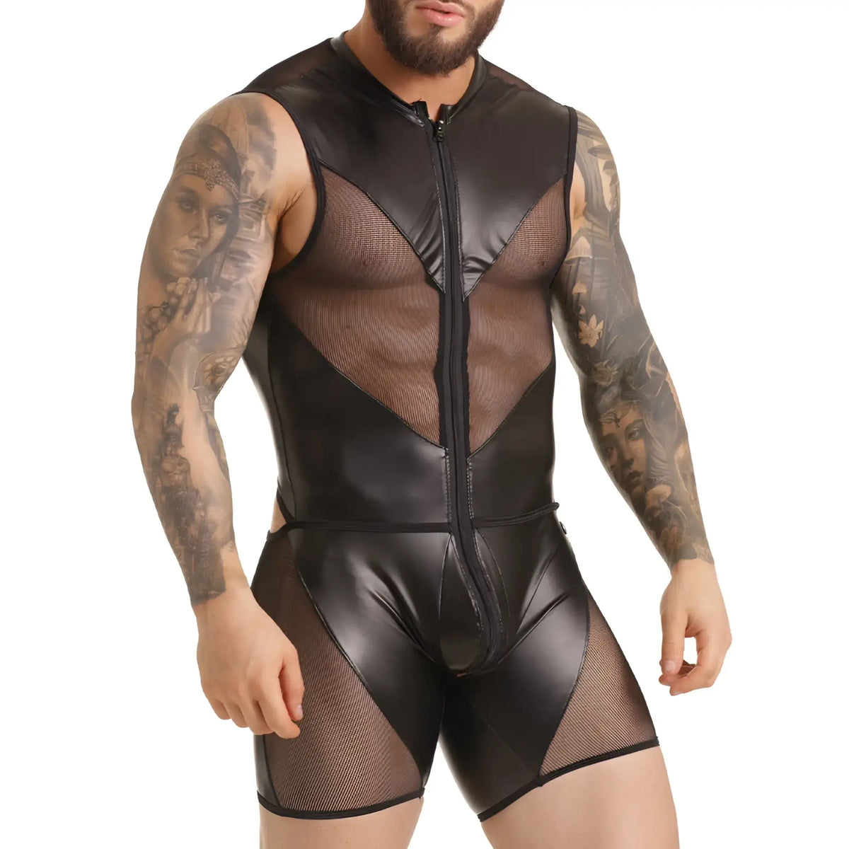Black faux leather and mesh Gigo fetish body bodysuit with front zipper for edgy fashion wear