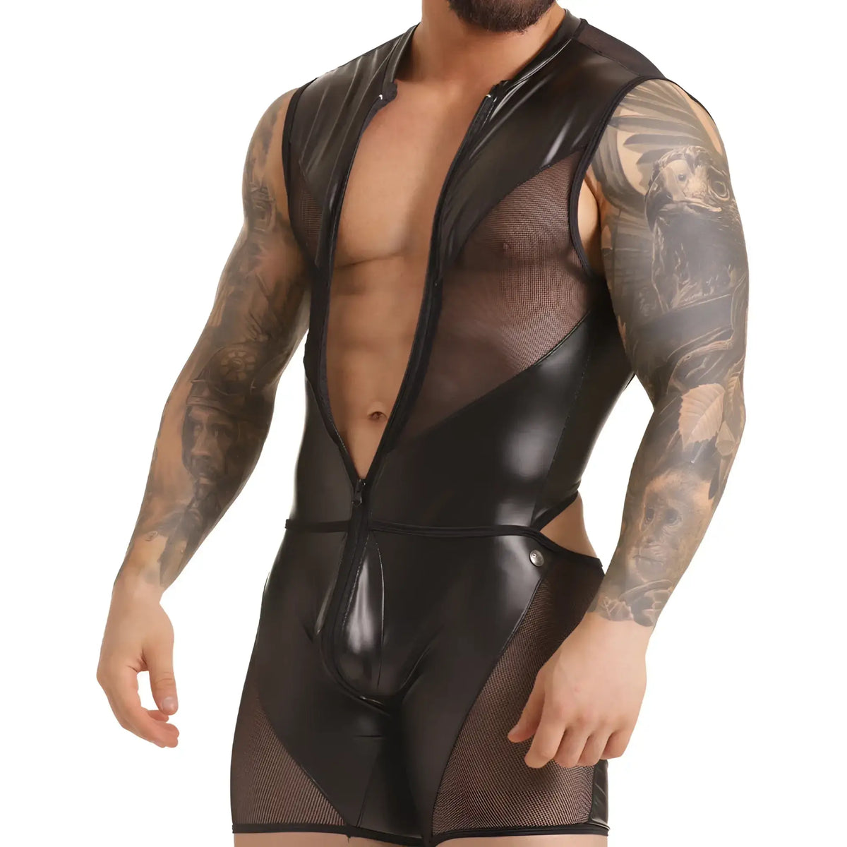 Black patent leather and mesh bodysuit with front zipper in the Gigo fetish body design