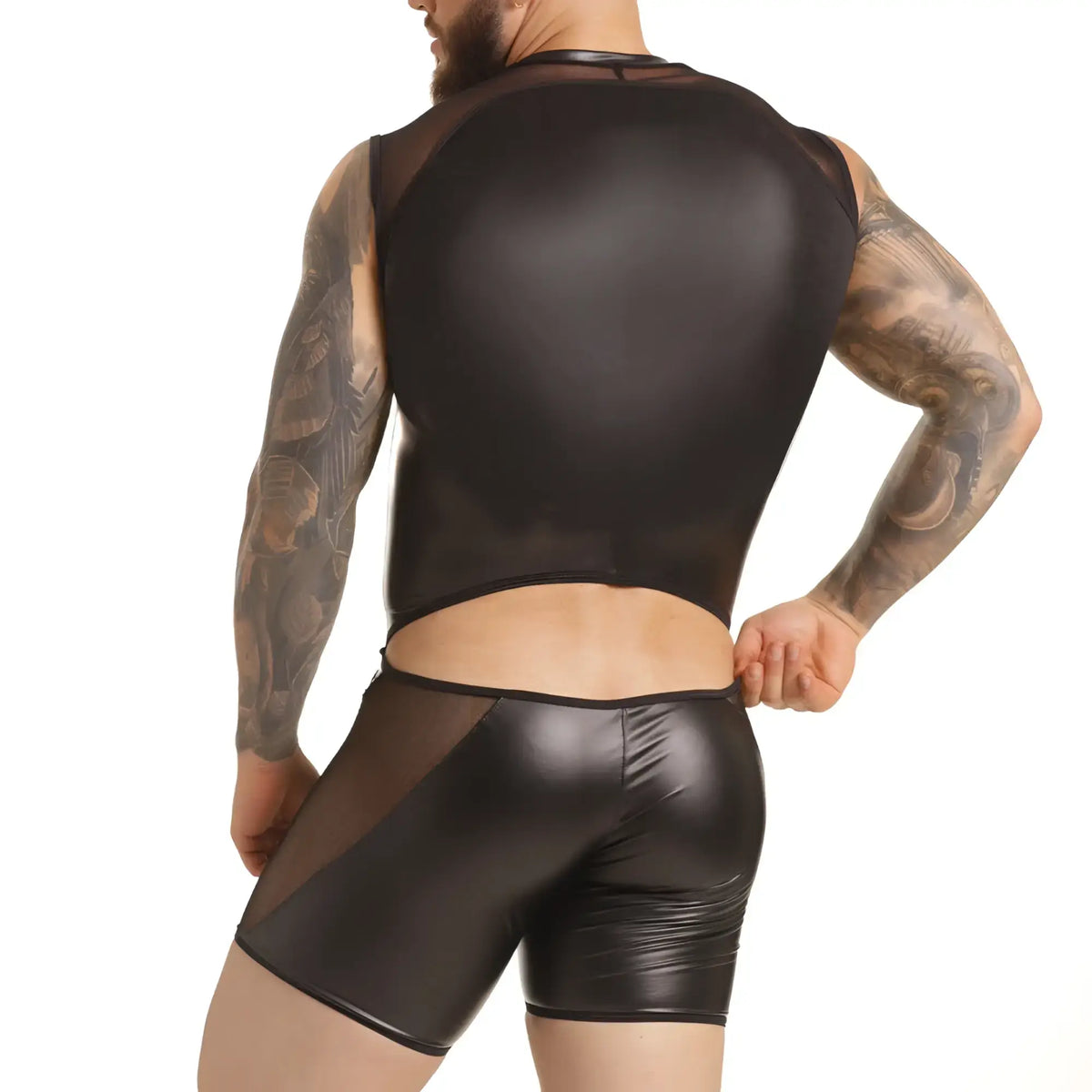 Black shiny faux leather gigo fetish body bodysuit with mesh panels on arms and sides for edgy fashion looks