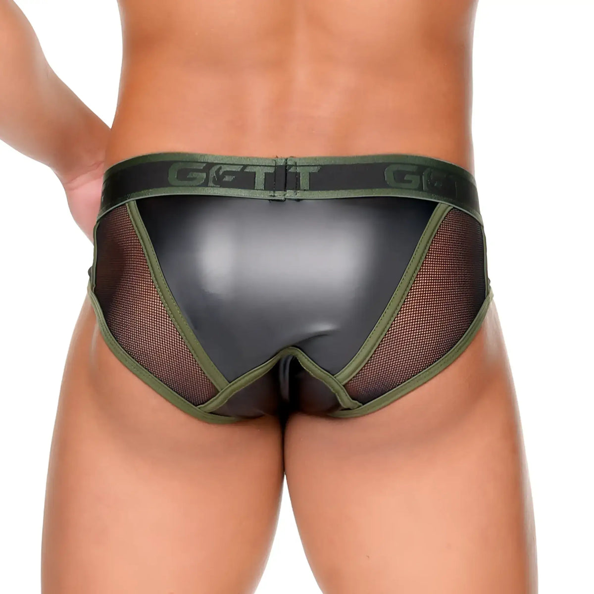 Black and olive green mesh briefs with glossy finish and gett logo waistband from the gigo fetish green brief collection