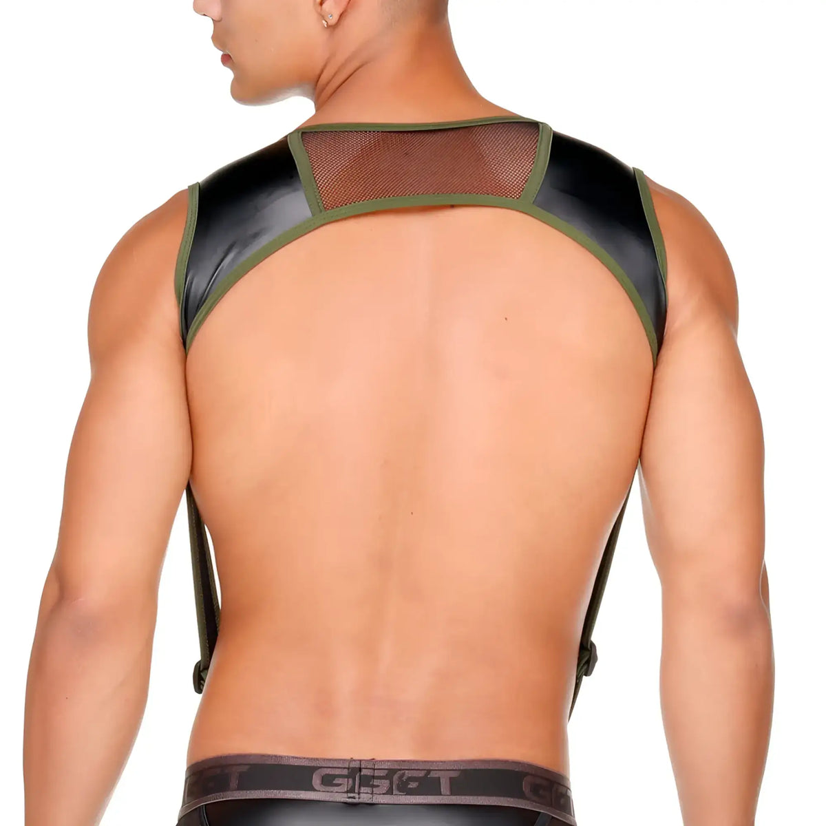 Gigo Fetish Green Harness black and olive green mesh-backed harness with adjustable straps and breathable mesh material
