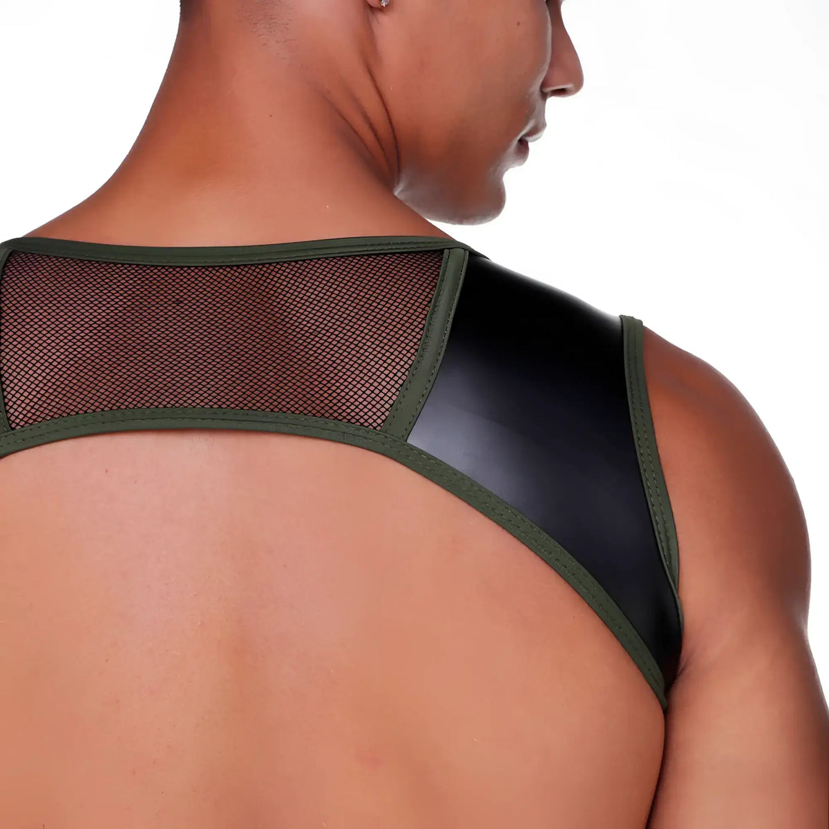 Back view of olive green and black mesh and faux leather backless top gigo fetish green harness style