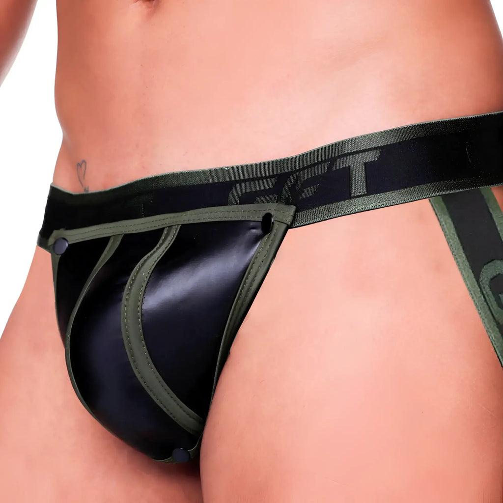 Black and olive green g-string with a glossy faux leather front panel from gigo fetish green jockstrap collection