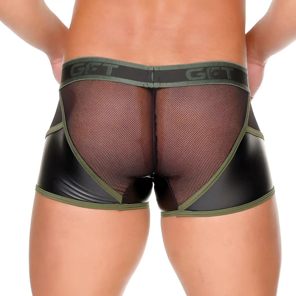 Black and olive green mesh briefs with shiny faux leather trim in gigo fetish green trunk style