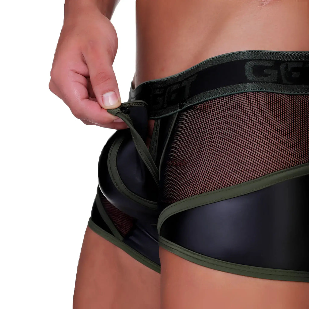 Olive green and black glossy mesh briefs with branded waistband gigo fetish green trunk front view