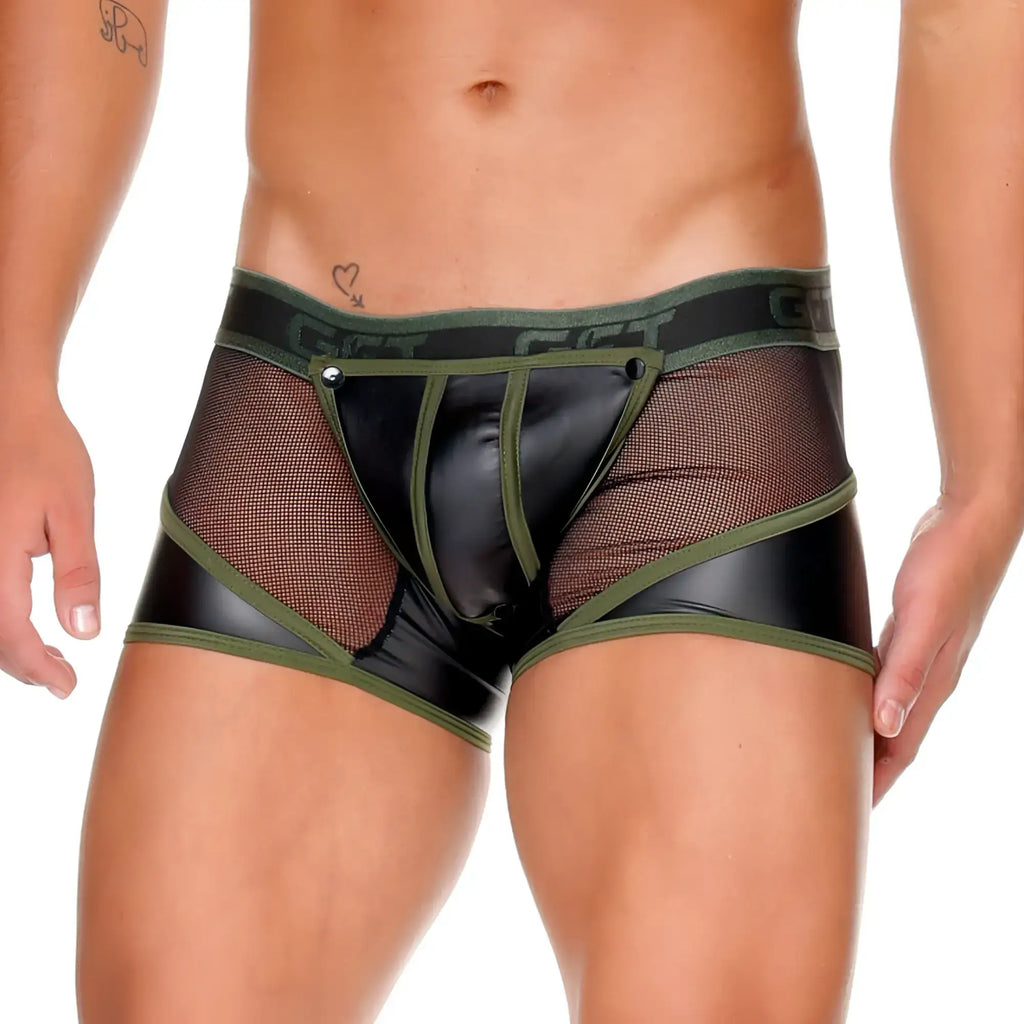 Black and olive green Gigo Fetish Green Trunk mesh briefs with shiny patent leather-like front panel