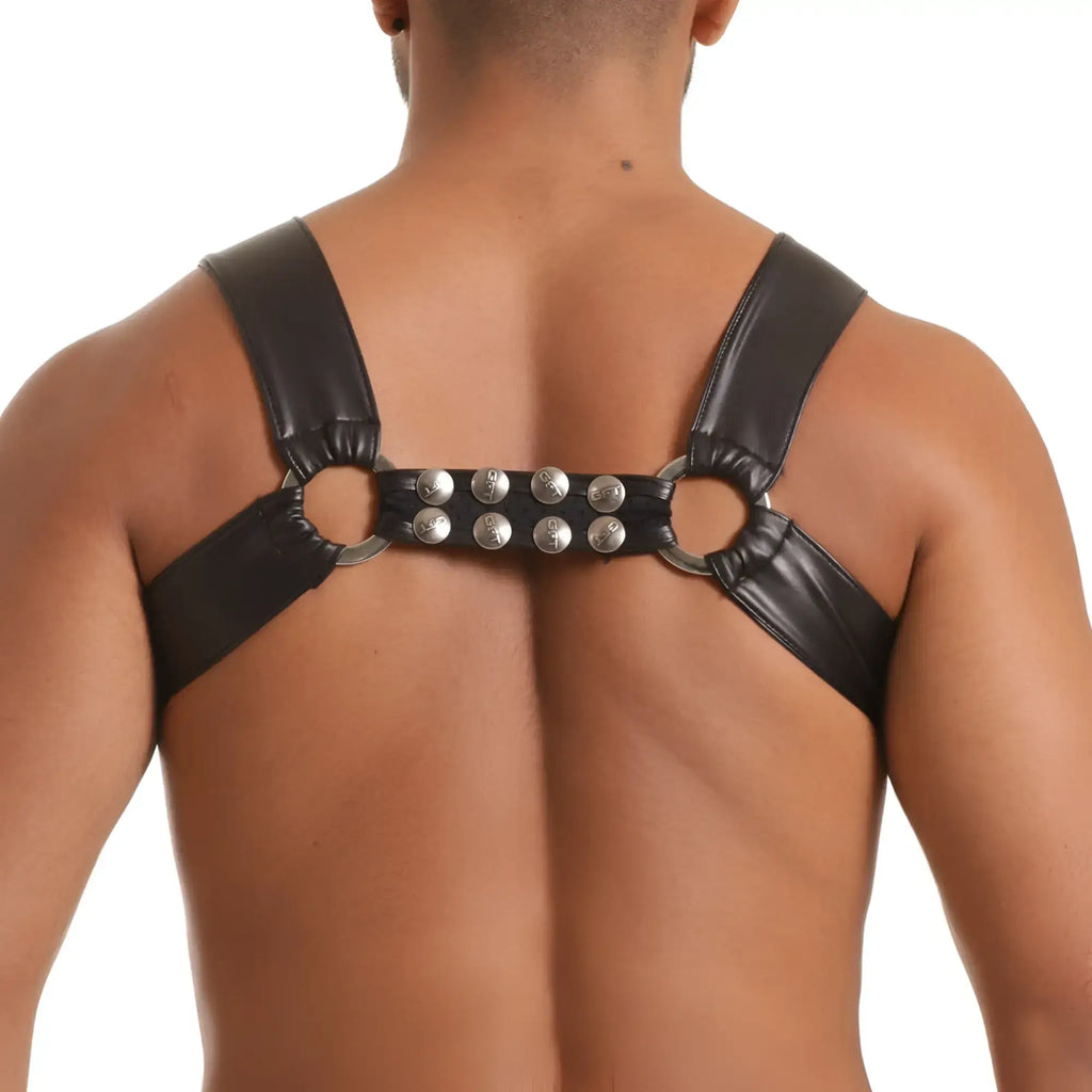 Black leather gigo fetish leather harness with silver-toned metal studs and rings for adjustable fit
