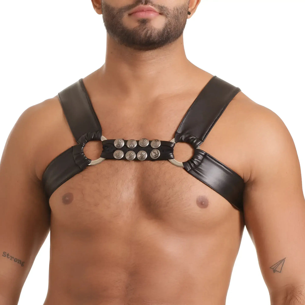Black leather Gigo fetish harness with silver metal hardware and circular rings for fetish wear and styling