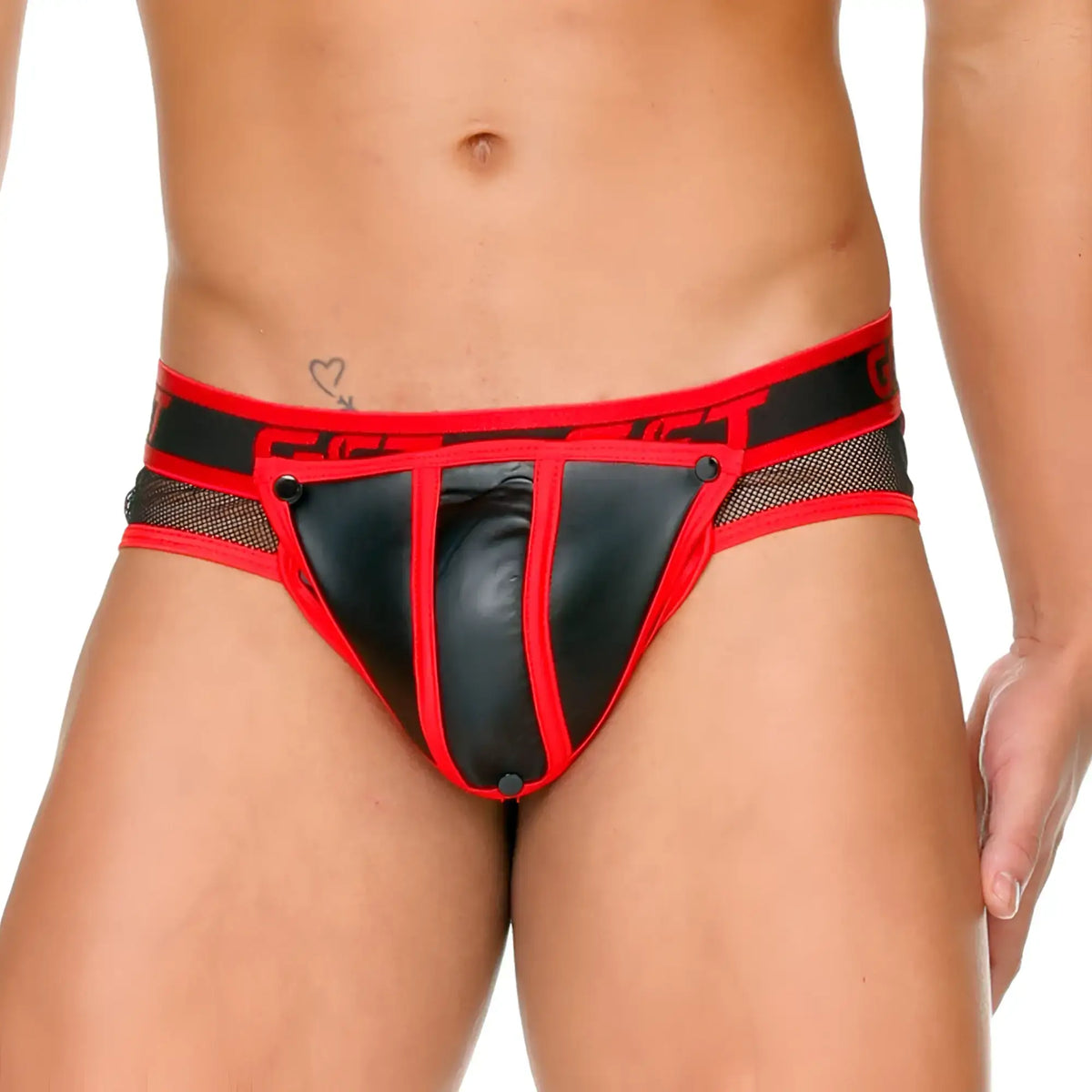 Gigo fetish red brief in red and black leather trimmed with mesh panels for a bold fetish look